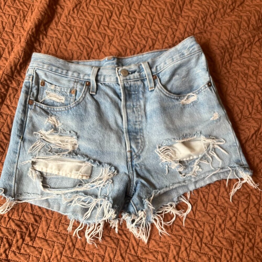 Levi 501 Distressed Light Blue Denim Shorts